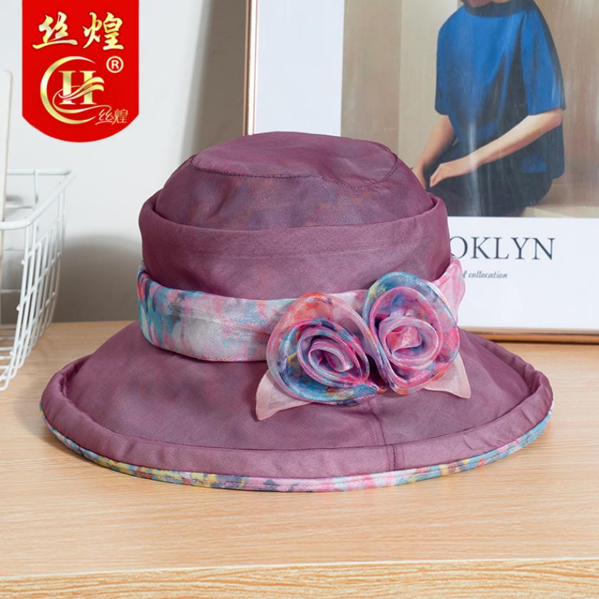 立体双花朵真丝太阳帽